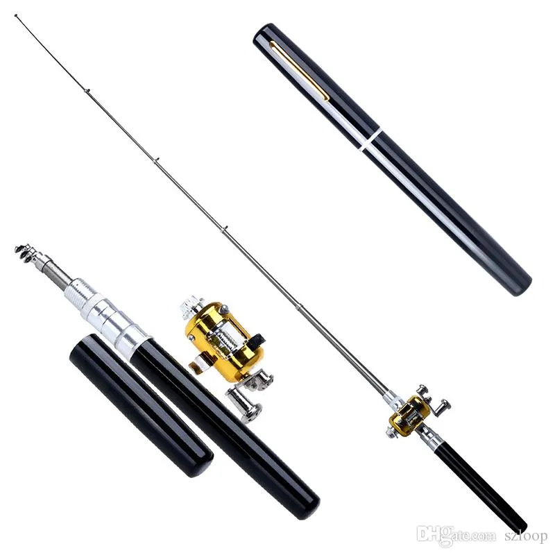 Mini Tragbare Aluminium Legierung Tasche Stift Form Fisch Angelrute Pole Mit Rolle 6 Farben Angelgerät 25080272380132