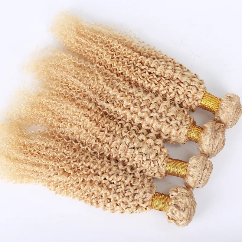 Vendita calda brasiliana vergine pacchi di capelli umani # 613 estensioni dei capelli ricci crespi di colore puro fragola capelli biondi tesse 10-30 pollici