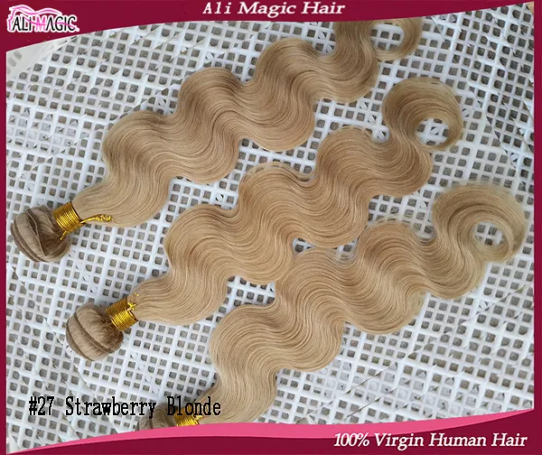 سعر المصنع #27 عسل الفراولة أشقر الجسم موجة عذراء REMY HUSH HEAR WEAVES Extensions حزم الشعر غير المجبر على النسيج