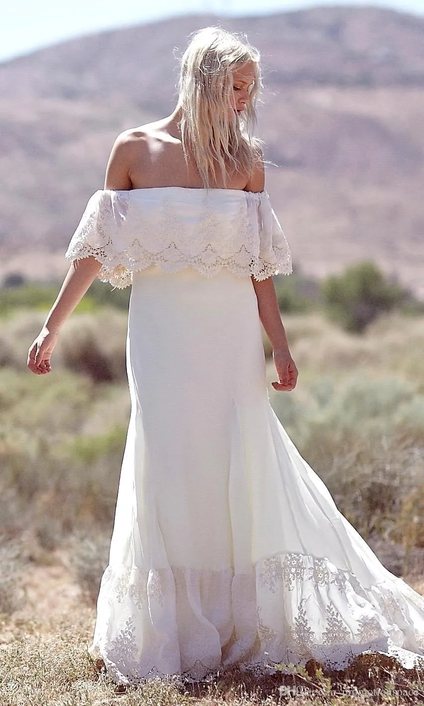 Online Zomer Beach Bohemien Kant Trouwjurken Vestidos de Noiva Off The Shoulder Chiffon Long Country Bruidsjurken BA4738