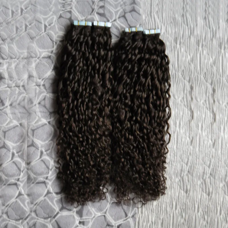 Brasiliansk Kinky Curly Hairtrape In Human Hair Extensions / Set Lime Osynlig Tape Pu Skin Weft 200g