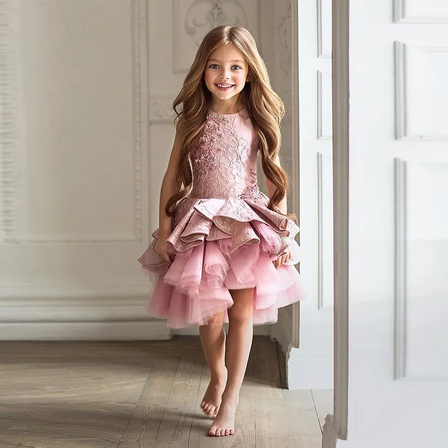 Gorgeous Vestidos de Primera Girl Dres Comunion Zipper Draped A-line Pageant Christmas Pink Tulle Rustic Flower Girl Dress Layer Tulle Skirt