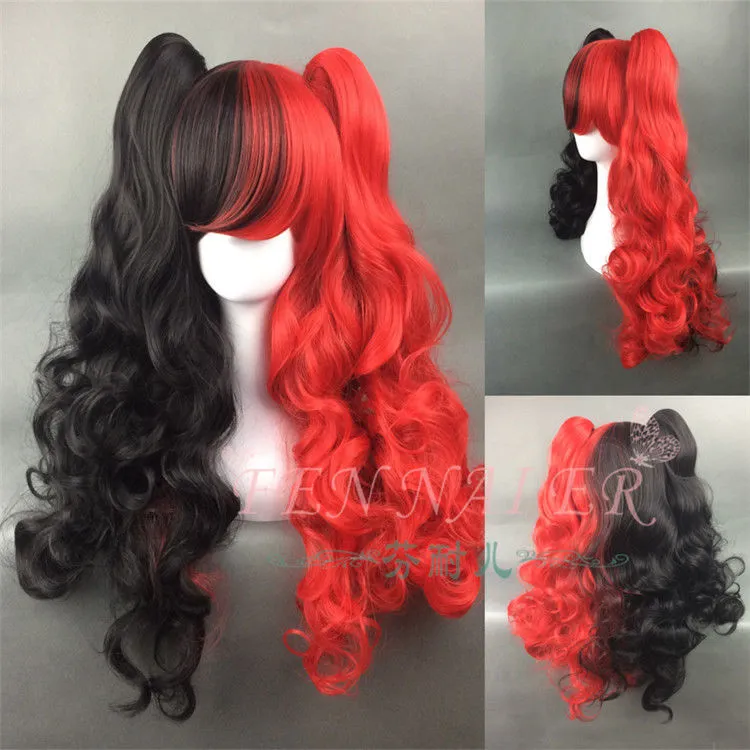 new Hot sell Best Harley Quinn Black red wavy hair cosplay synthetic long 2 Ponytail wig
