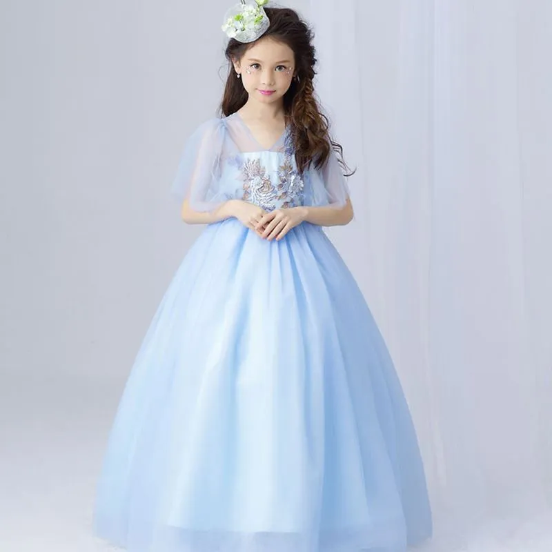 Light Blue Flower Girl Dress Elegant Tulle Lace Girl Wedding Dress Ankle Length Appliques Bead Kids Party Prom Dress First Communion Dresses