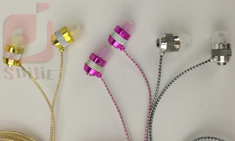 vente directe en gros universel or étincelle ruban rose écouteurs oreillette casque 110 cm ligne de cristal 3 couleurs avec micro 300 ps