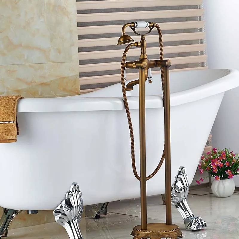 Oil Rubbed Bronze Freestanding Tub Faucet - Floor Mounted Single Handle Brass Bathtub Mixer Tap With Hoses
