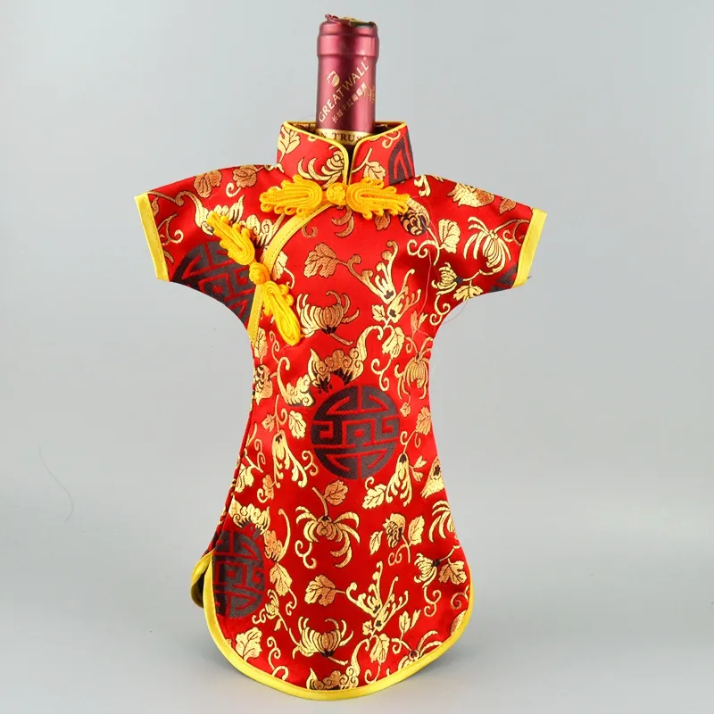 Chinese style Silk Satin Clothes for Wine Bottle Dress Bag Protection Cover Home Party Table Decoration Bottle Packaging Pouch fit 750ml