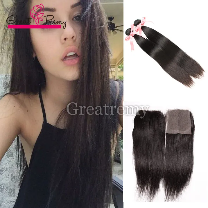 indian virgin hair bundles with top lace closure silky straight 2pcs human hair wefts 1pc lace closure 4x4 full head natural color