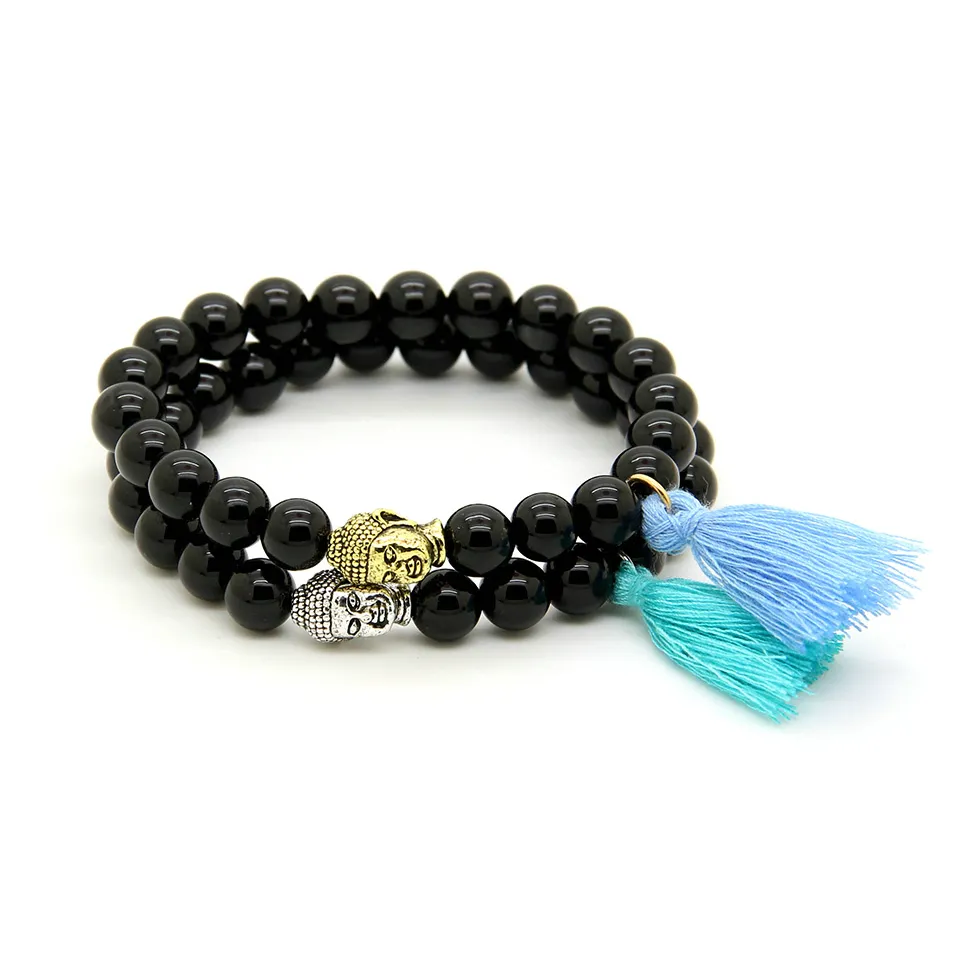 Nuevo diseño al por mayor 10pcs / lot 8mm Natural Black Onyx Stone Beads Blue And Sky Blue Tassel Buddha Head Couple Bracelet
