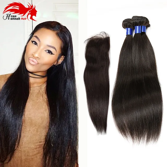Hannah product Brazilian Virgin Straight Hair With Closure Human Hair 3 Bundles With Closure Unprocessed Virgin Hair