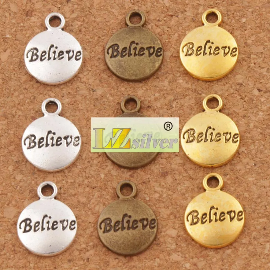 Believe Round Spacer Charm Beads 300 pz/lotto 15.4x11.8mm Argento Antico/Oro/Bronzo Pendenti Gioielli FAI DA TE L350 LZsilver