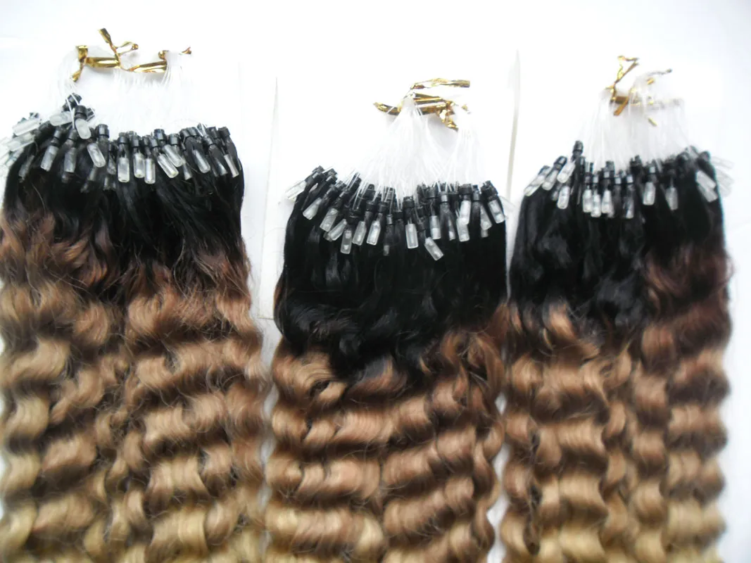 Micro Loop Hair Extensions med pärlor 300g 1g / s 300s Ombre Brasiliansk Hår T1b / 613 Brasilianska Kinky Curly Micro Ring Curly Hair Extensions