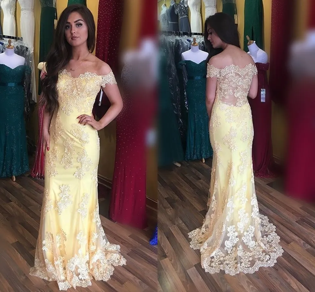 Light Yellow Lace Mermaid Evening Dresses Off Shoulder Appliques Tulle Illusion Back Plus Size Mermaid Prom Dresses Formal Evening5238347