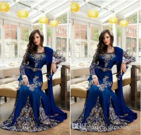 2017 Royal Blue Luxury Crystal Muslim Arabiska Aftonklänningar med Applique Lace Abaya Dubai Kaftan Long Plus Size Formella kvällsklänningar
