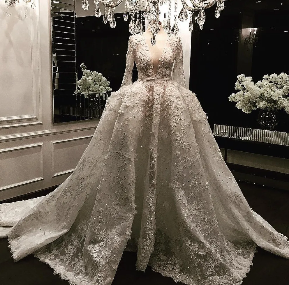 Luxe zuhair murad perles robes de mariée à manches longues 3d appliques florales en dentelle robes nuptiales plongeant décolleté