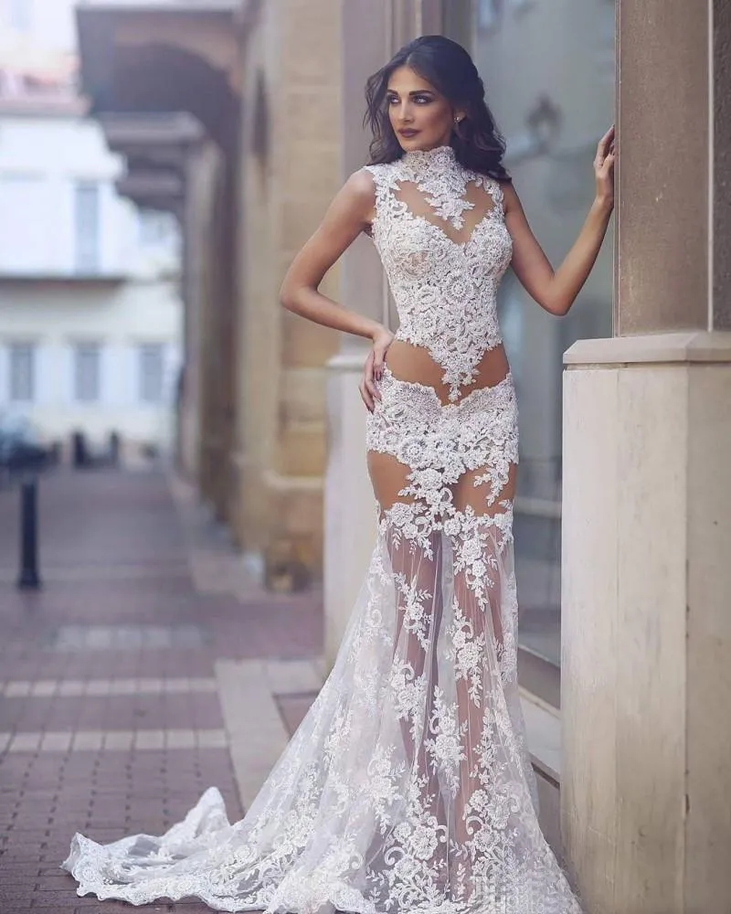 Estate 2020 abiti da sposa trasparenti sexy collo alto sirena in pizzo illusione corpetto gonna trasparente abiti da prima notte da sposa lunghi