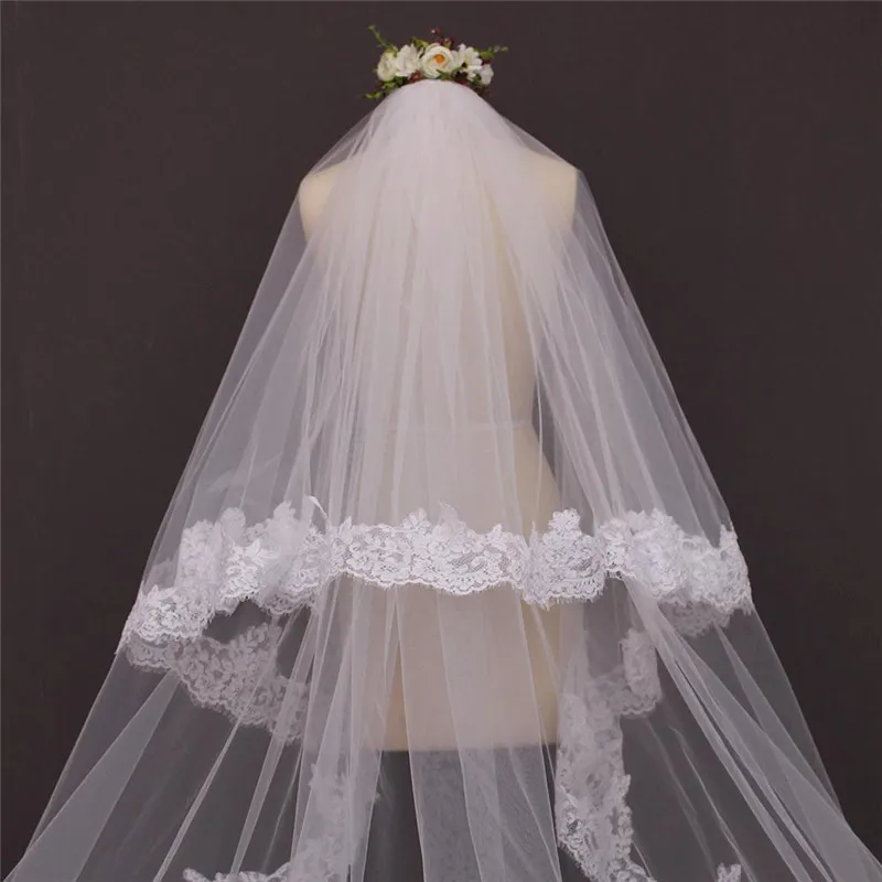 2 camadas véus de casamento longos com cílios de lace borda de laço capa de catedral rosto blusher véu nupcial com pente acessórios de casamento NV7007