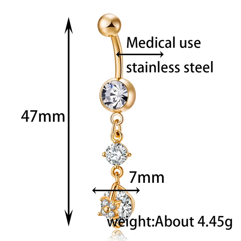 큐빅 지르코니아 여성 드롭 배꼽 버튼 18K 진짜 골드 도금 패션 바디 쥬얼리 섹시한 배꼽 반지 바디 피어싱 보석