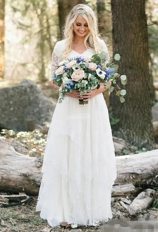 Vestidos de novia modestos del país occidental Vestidos de novia bohemios largos con cuello en V y media manga de encaje Tallas grandes Robe de mari￩e