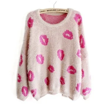 Ganze Frühling Herbst Mode Koreanische nette lose pullover sexy lippen stempel gedruckt mohair pullover warme pullovers1303176