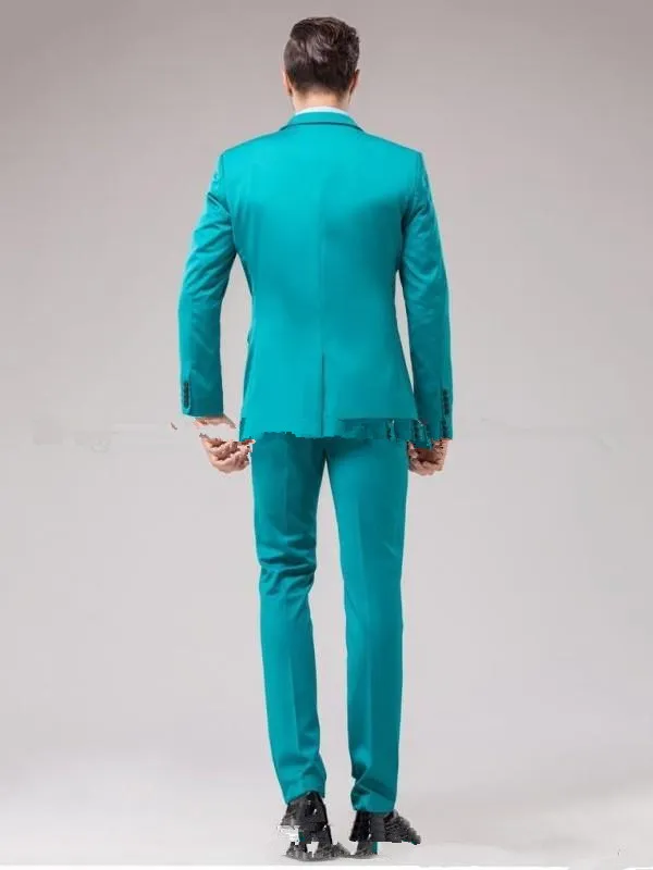Fashionable Back Vent Turquoise Groom Tuxedos Notch Lapel Groomsmen Mens Wedding Tuxedos Prom Suits Jacket+Pants+Vest+Tie NO:1538