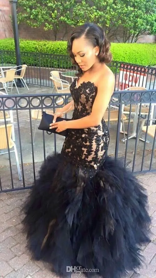 2017 Sexy Long Prom Dresses Mermaid Sweetheart Beaded Appliques Black Girl Prom 2K17 Prom Party Gowns Ruffles Tiered Plus Size Formal Dress