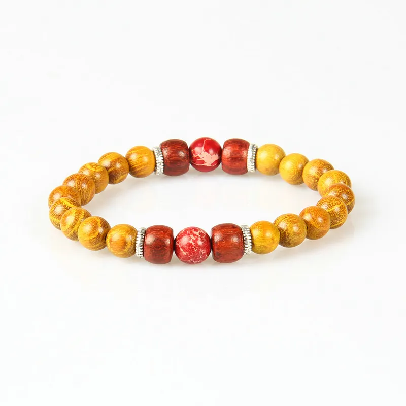 New Designs Wood Jewelry Wholesale 10pcs/lot 8mm Natural Yellow Wood with Sea Sediment Beaded Couples Bracelet
