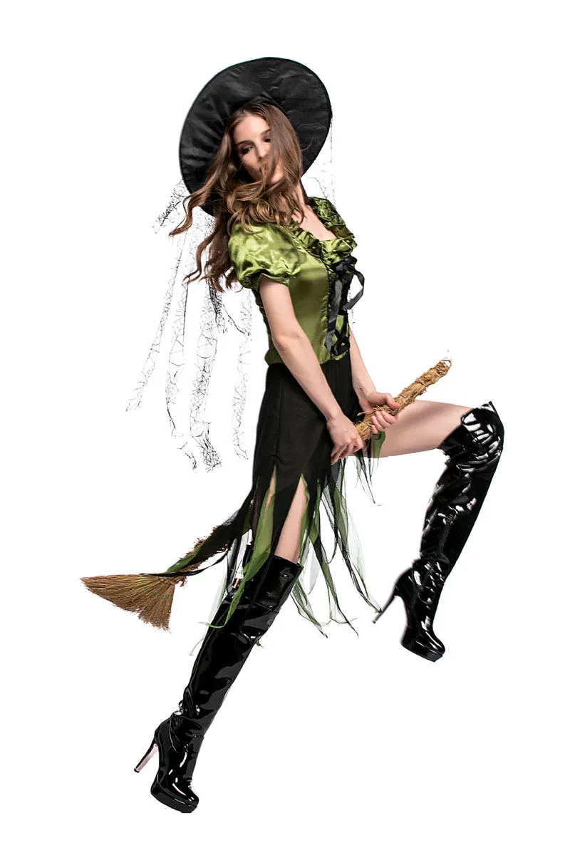 Sexy Green Adult Witch Magician Cosplay Dress Women Fantasy Halloween Costume Irregular Gothic Dress With Hat