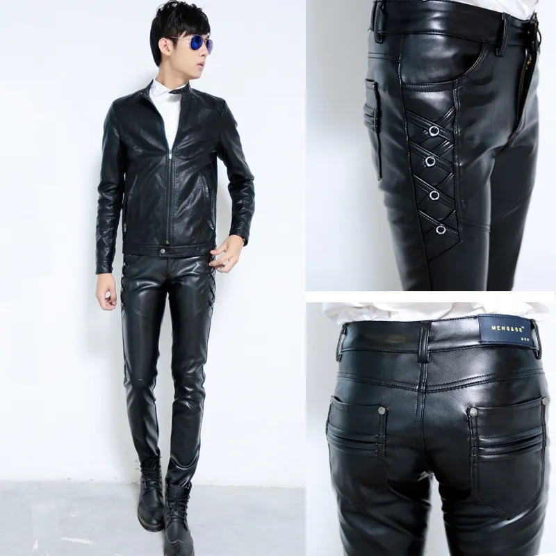 Wholesale- Male Motorcycle Biker Ridding PU Trousers Black Faux Leather Pants for Male Fashion Slim Fit Pencil Pant