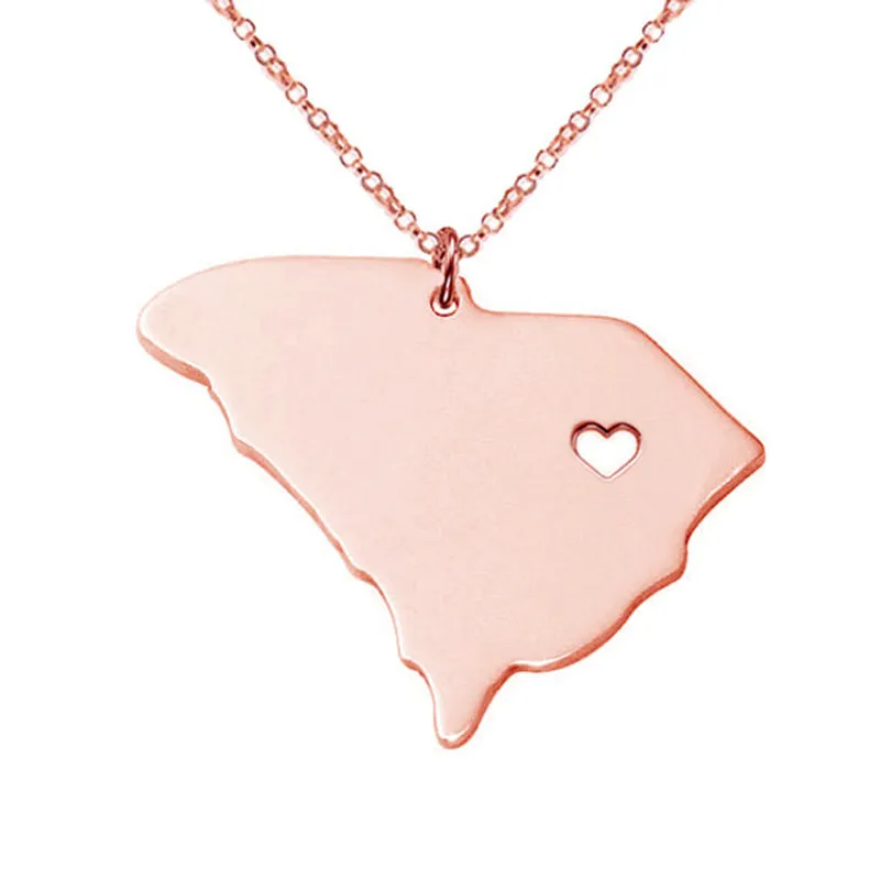 Collana con ciondolo in acciaio inossidabile con mappa della Carolina del Sud con cuore d'amore USA State SC Geografia Mappa Collane Gioielli donna e uomo