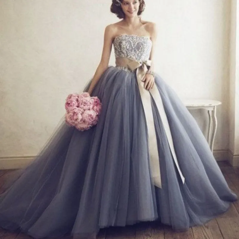 Потрясающий пользовательский цвет свадебные платья лаванды голубое серебро свадебное платье пухлые тюль кружевные аппликации без бретелек без рукавов