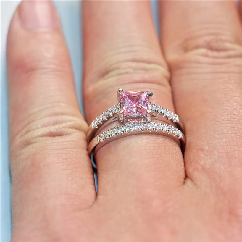 Fashion 10KT White Gold Filled Pink and White Square Diamond CZ gemstone Rings sets Wedding Bride Band Jewelry sert for Women 2-in-1