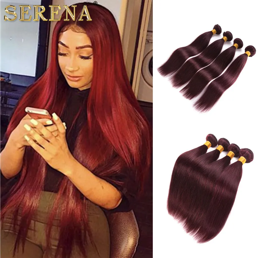 Colore 99J rosso vino dritto capelli umani tesse 4 pz lotto 10-30 pollici colore bordeaux estensione dei capelli brasiliano dritto / onda del corpo dei capelli umani