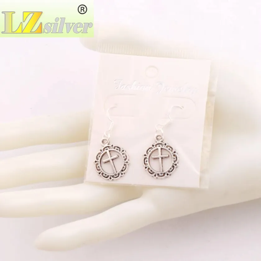 Flower Circle Cross Dangle Chandelier Earrings 925 Silver Fish Ear Hook E495 16.4x37.1mm 