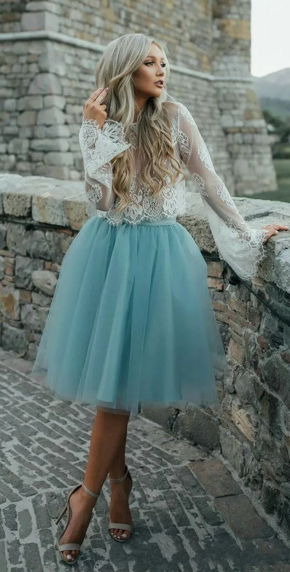 Abiti da cocktail corti Boho Corpetto in pizzo vintage Una linea Tiers Tulle Abiti da ballo trasparenti Gonna tutu Abito da sera al ginocchio