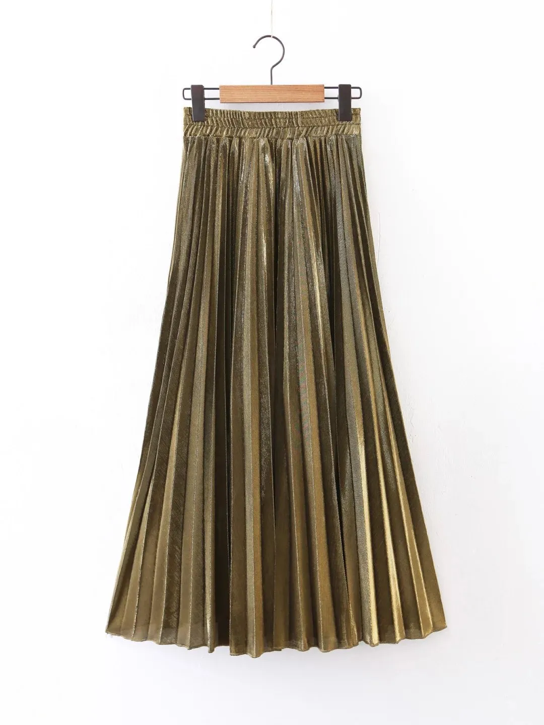 Fashion Gold Skirts Elastic Waist Silver Long 2017 Spring Summer Dresses Pleated Skirts Top Quality Cheap Beach Dress High Waist