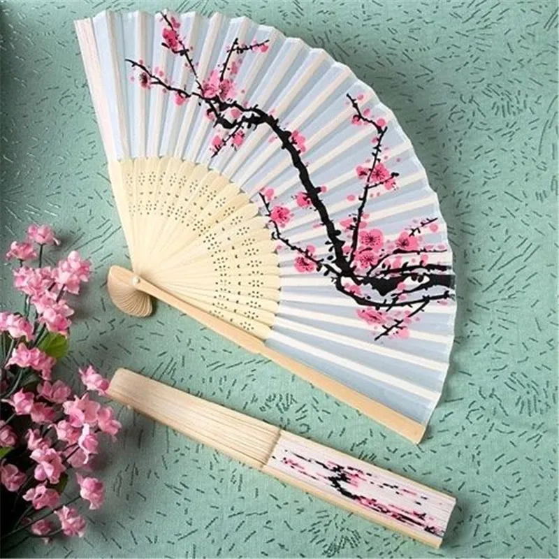 Free Shipping 50pcs Unique Chinese Folding Hand Fan Cherry Blossom Bamboo Silk Fan Wedding Favors Costume Decor