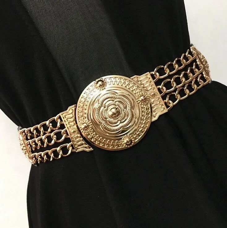 Por atacado- moda ouro esculpido flor metal cadeia cinto de cintura para mulheres vestido de festa decoração cintos elásticos largamente cinta de alta qualidade feminino