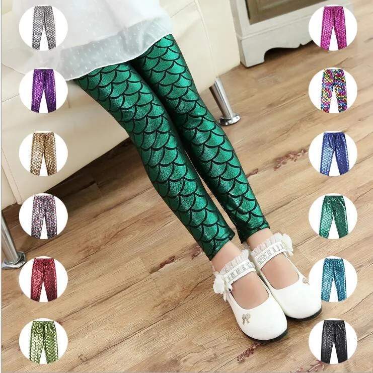 Niñas Niños Sirena Pantalones lindos bebé Impresión digital colorida Leggings para niños Pantalones sirena escamas de pescado pantalones brillantes 12 colores KKA1970