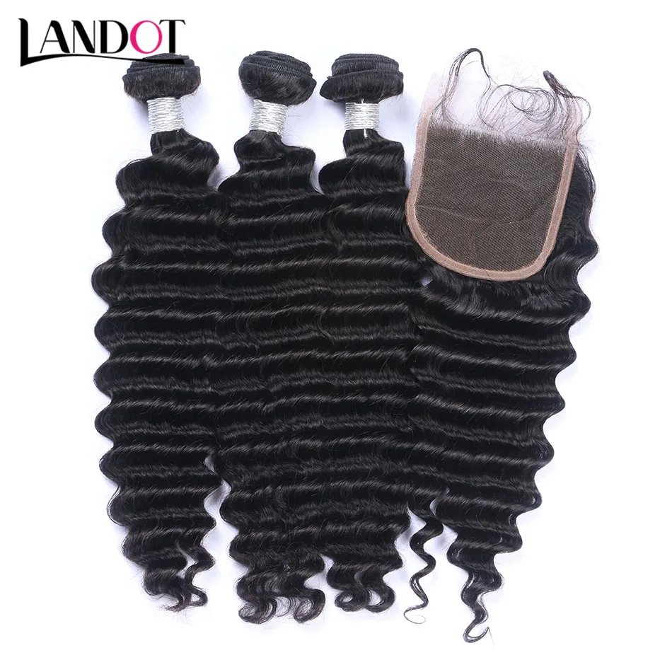 Brazilian Deep Wave Curly Virgin Hair Weaves 3 Bundles with Top Lace Closures Grade 8A Peruvian Malaysian Indian Cambodian Remy Human Hair