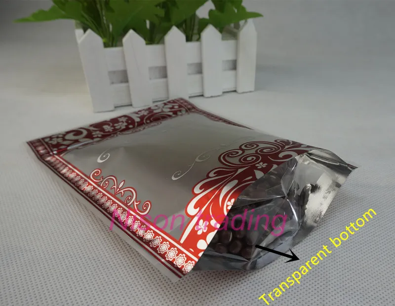 12x20cm standing matte transparent plastic ziplock bag with silver flower printing, coffee bean poly sack, candy red edge pouch