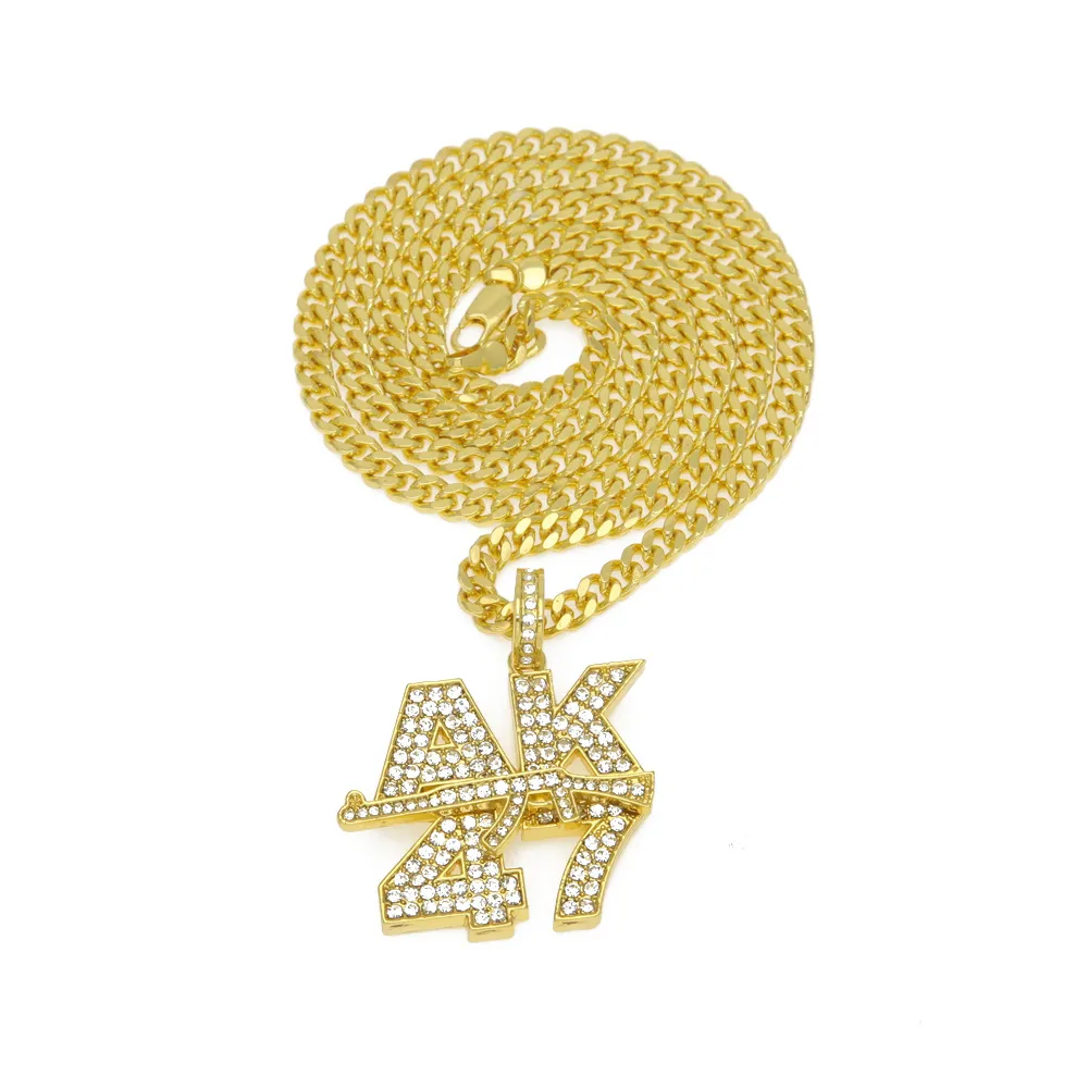 Moda masculina AK47 letras metralhadora Pingente Europeia Jóias Hip Hop colar banhado a ouro Rhinestone Bling