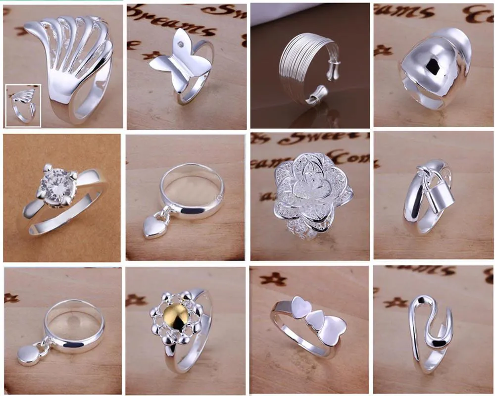 New Arrive 925 silversmycken 50 style 50st Charming Women girls fingerringar Multi Styles Ringar Mix size Hot Rea