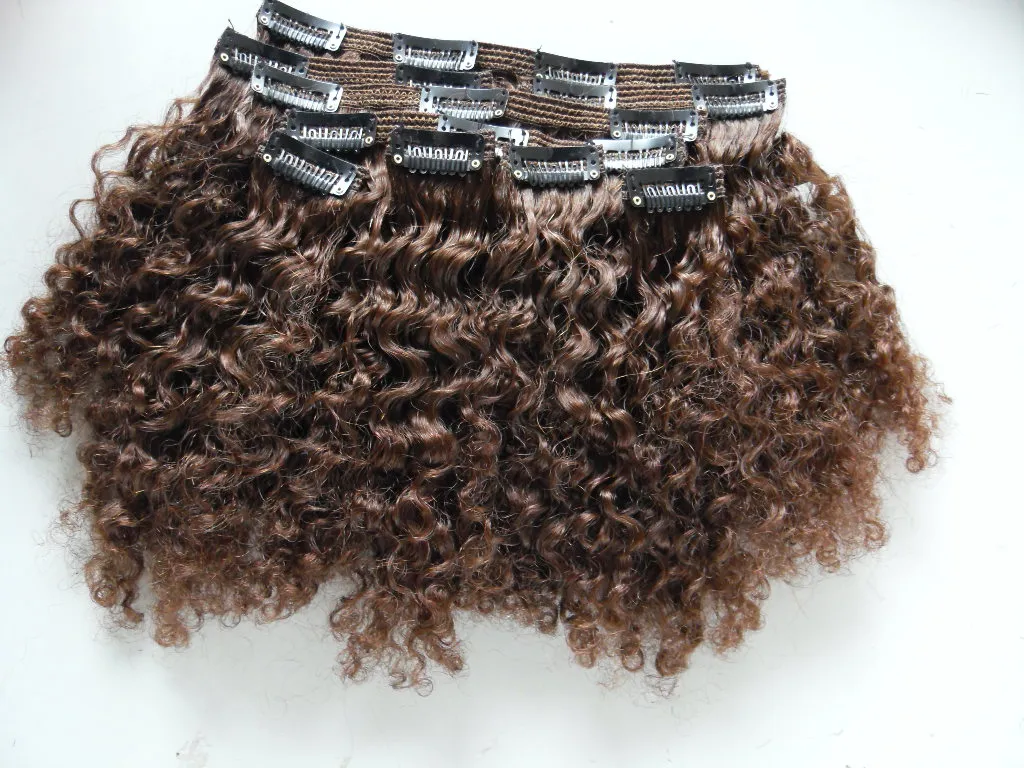 brazilian human virgin hair extensions with 18 clips clip in kinky curly short dark brown 2 natural color1378725