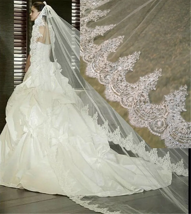 Janes Dress Studio Long Lace Wedding Veil 3 Meters Long Cathedral Bridal Veil with Hair Comb