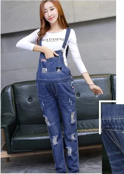 2016 Mommy Zone For Pregnant Woman Autumn Clothing All-match Denim Bib Pants Maternity Hole Jumpsuits