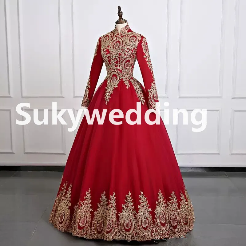Neue burgunderrote muslimische Brautkleider mit langen Ärmeln, afrikanische Hochzeits-Ballkleider mit goldenen Applikationen, Hijab, Saudi-Arabien, Braut Dre174E