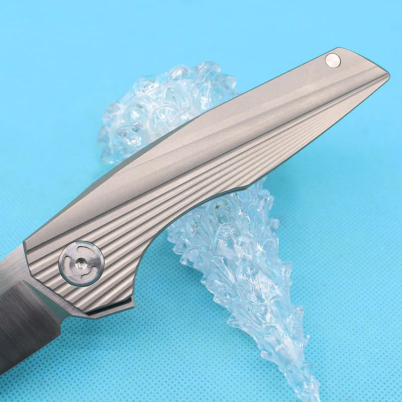 High-end Flipper Knife D2 Satin Blade TC4 Titanium Handle Ball Bearing Washer EDC Pocket Knives Outdoor Gear with Nylon Bag