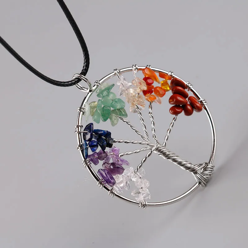 Women Rainbow 7 Chakra Amethyst Tree Of Life Quartz Chips Pendant Necklace Multicolor Wisdom Tree Natural Stone Necklace