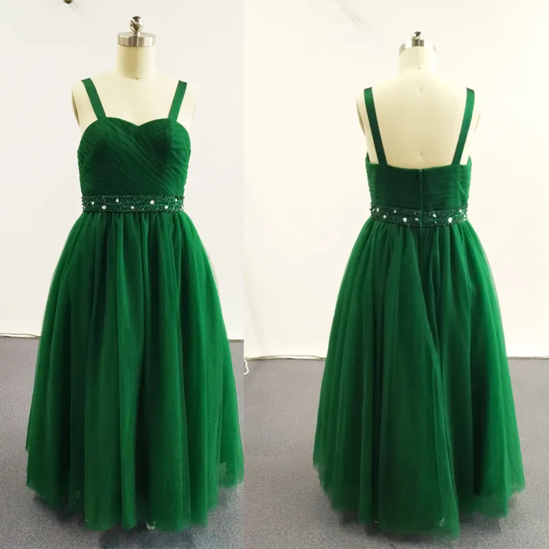 2016 Green Ball Gown Little Girl Pageant Klänningar Double Strapped Beaded Pleated Ruched Tulle Dress 13315